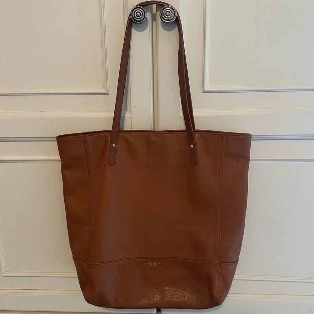 Lauren Ralph Lauren Chestnut Pebbled Leather Shoulder Tote Bag - Picture 15 of 15